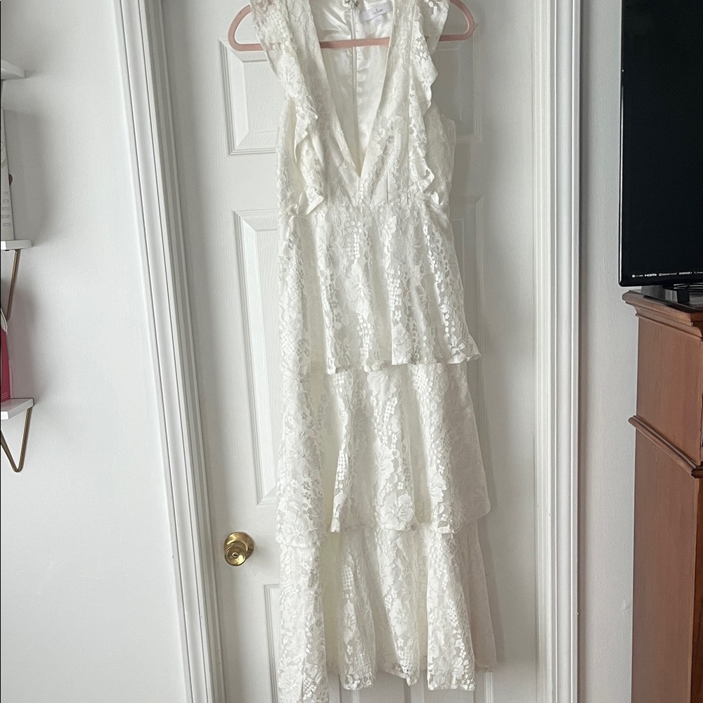 Lulu's Ivory Asymmetrical Lace Dress